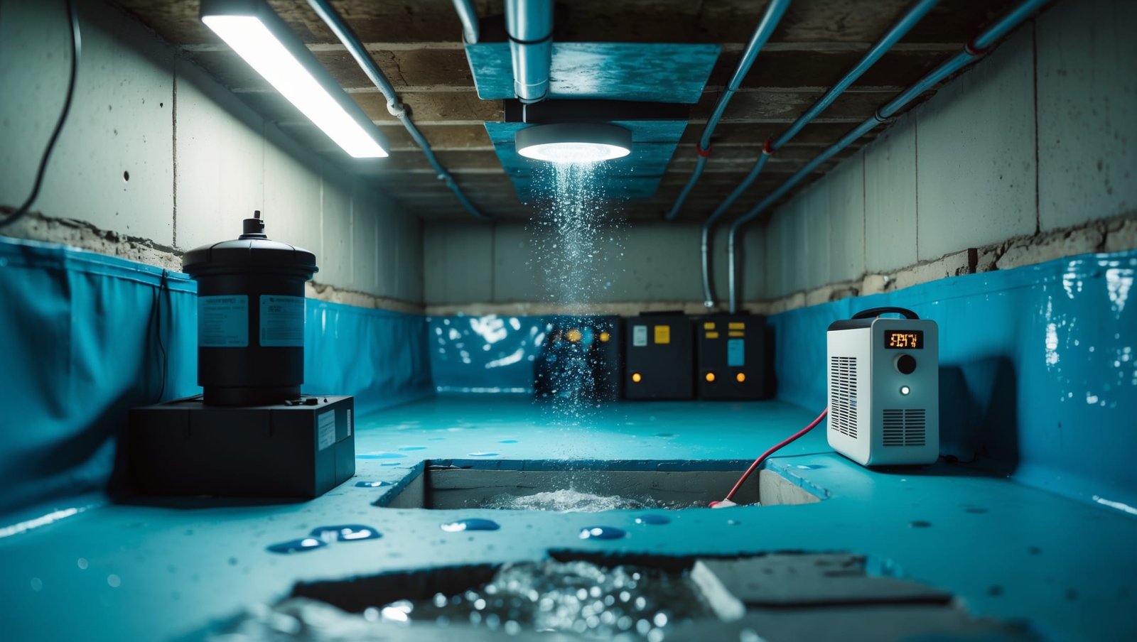 Professional basement waterproofing system installation showing drainage channels and sump pump protecting a dry basement from water damage and mold.