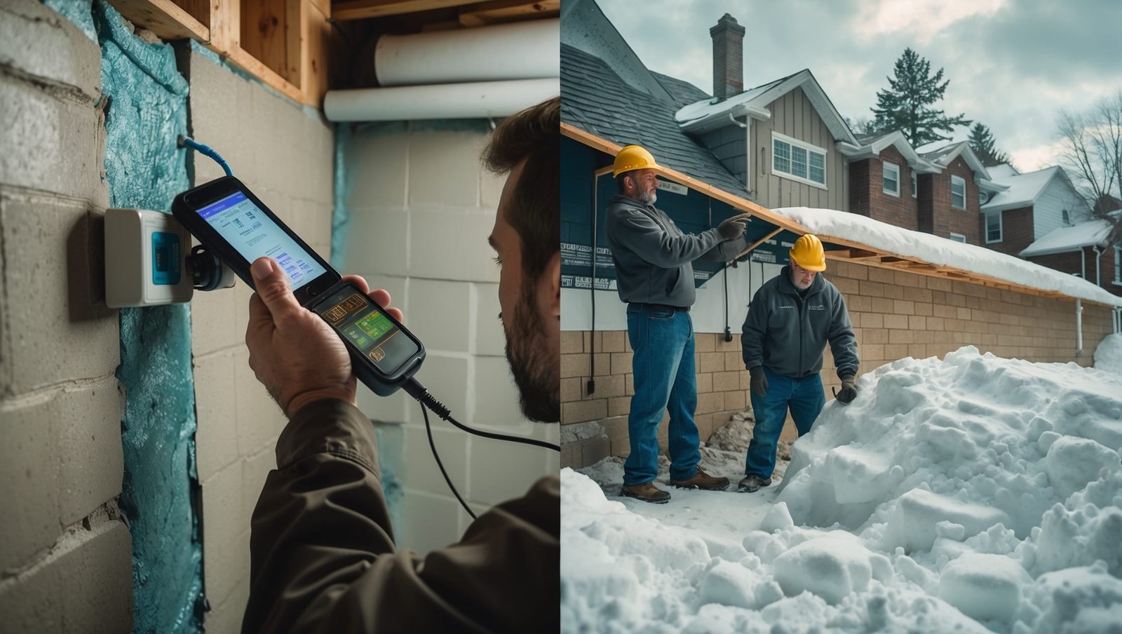 Foundation repair specialist inspecting cracked basement wall in Rochester NY home, showing weather-resistant maintenance techniques for harsh climate conditions.