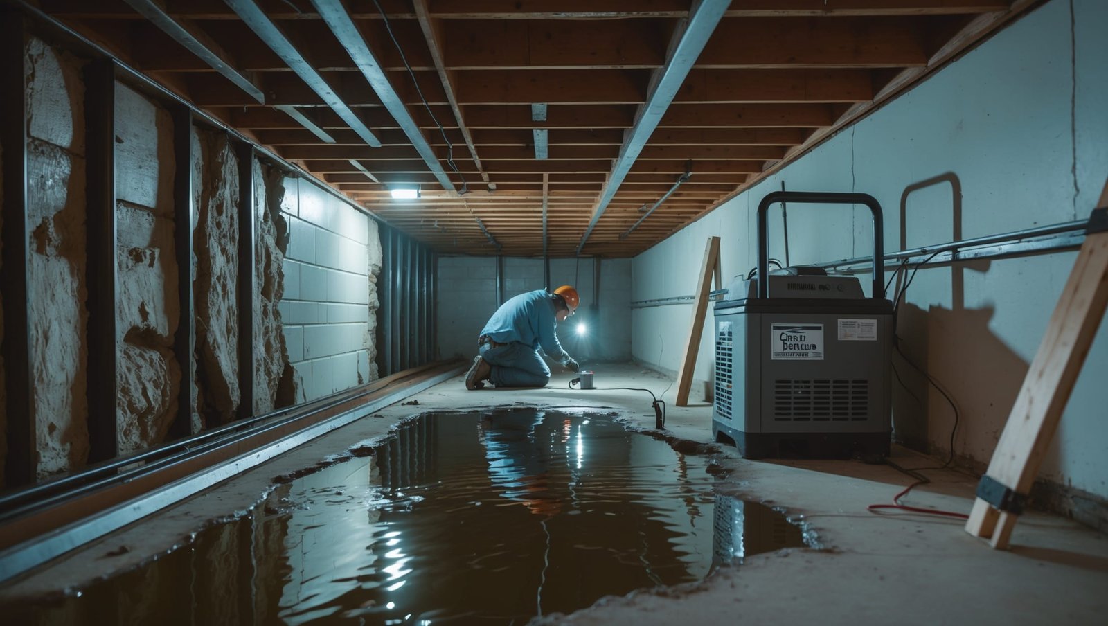 Professional contractor examining foundation cracks and water damage during basement repairs to prevent serious home structural problems