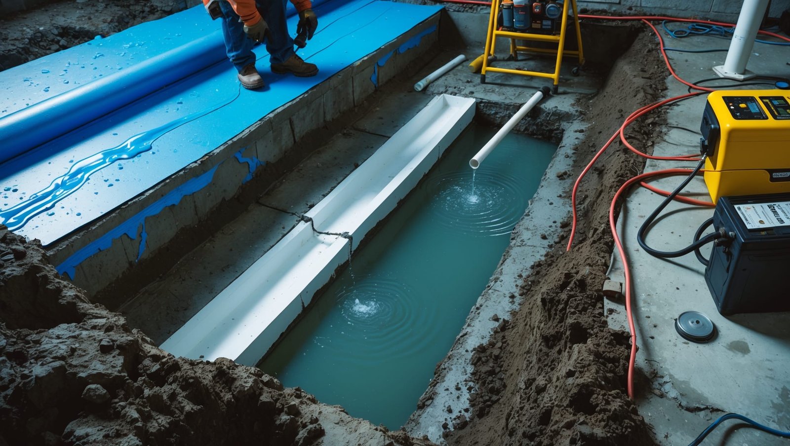 Professional contractor applying waterproof membrane to basement wall, effectively sealing cracks to prevent water leaks and moisture damage.