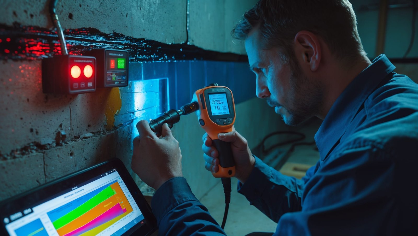 Construction worker using advanced moisture monitoring device to detect basement water leak repair source in damp foundation wall