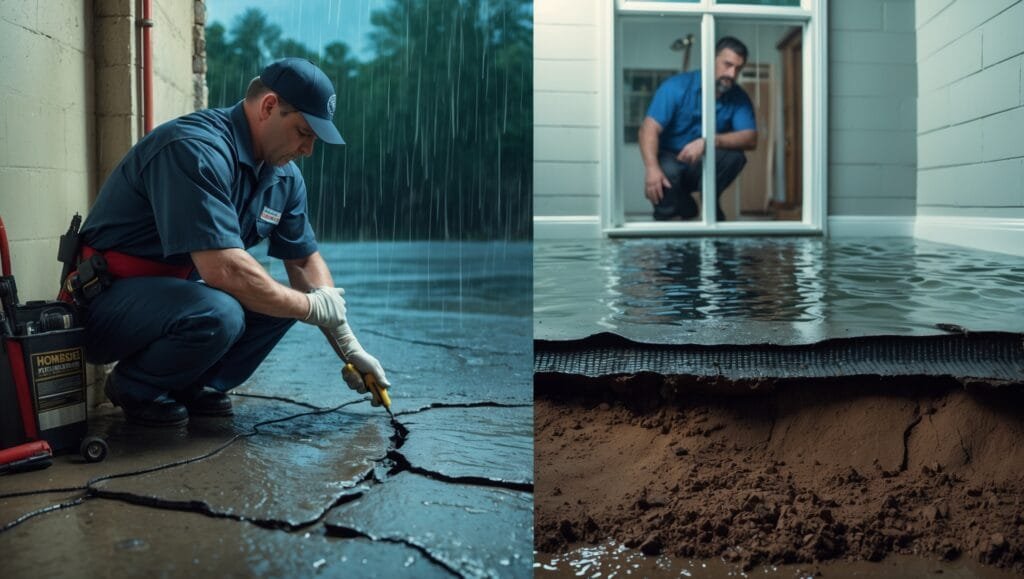 Professional technician applying waterproof sealant to a basement foundation wall, preventing water damage and flooding in a home.