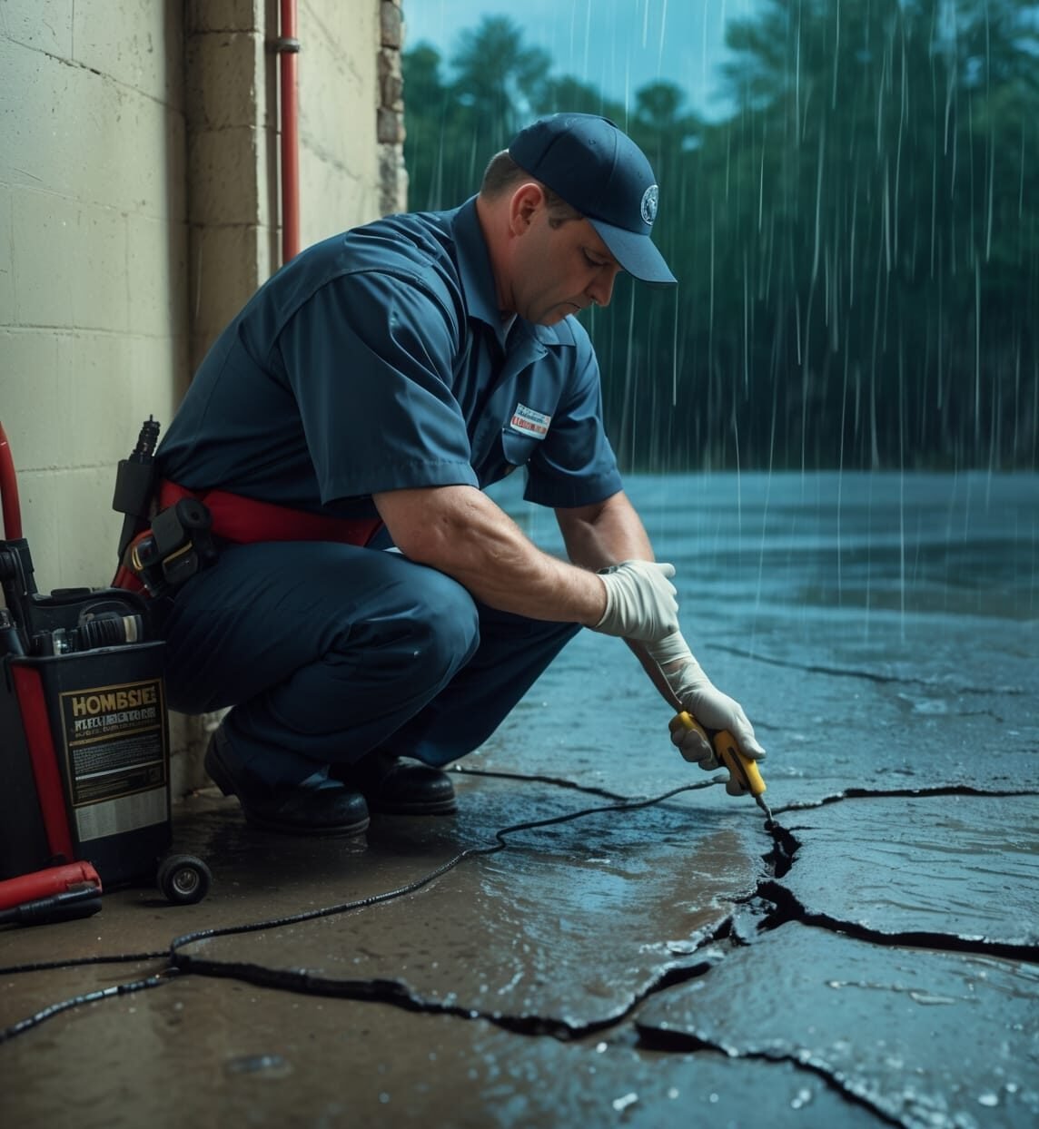 Professional technician applying waterproof sealant to a basement foundation wall, preventing water damage and flooding in a home.