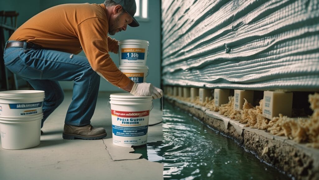 Homeowner using innovative DIY techniques to fix basement cracks and waterproofing issues, saving money with budget-friendly basement repairs