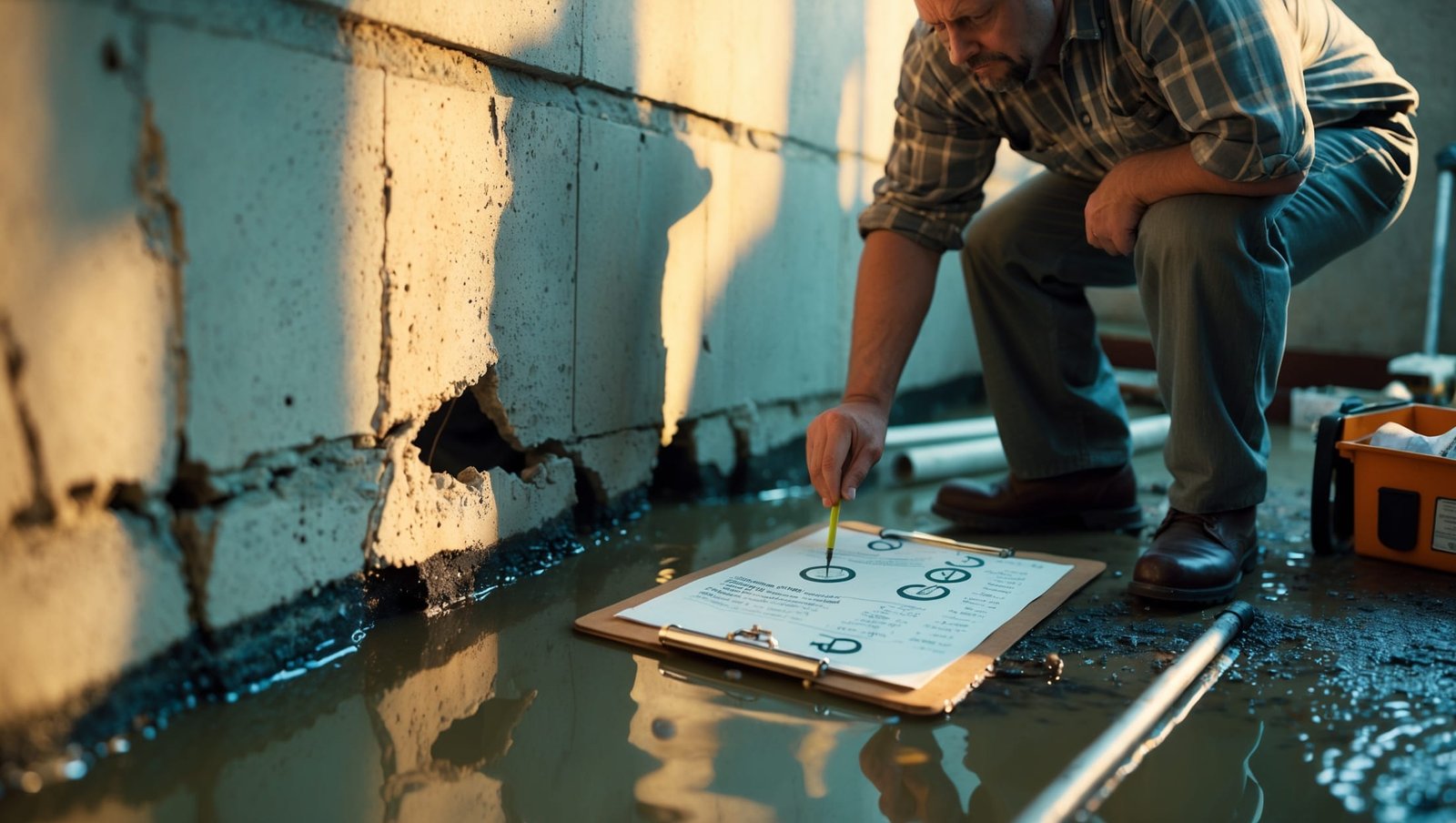 Professional contractor inspecting basement foundation cracks in Rochester home - costs vary based on water damage severity and repair scope.