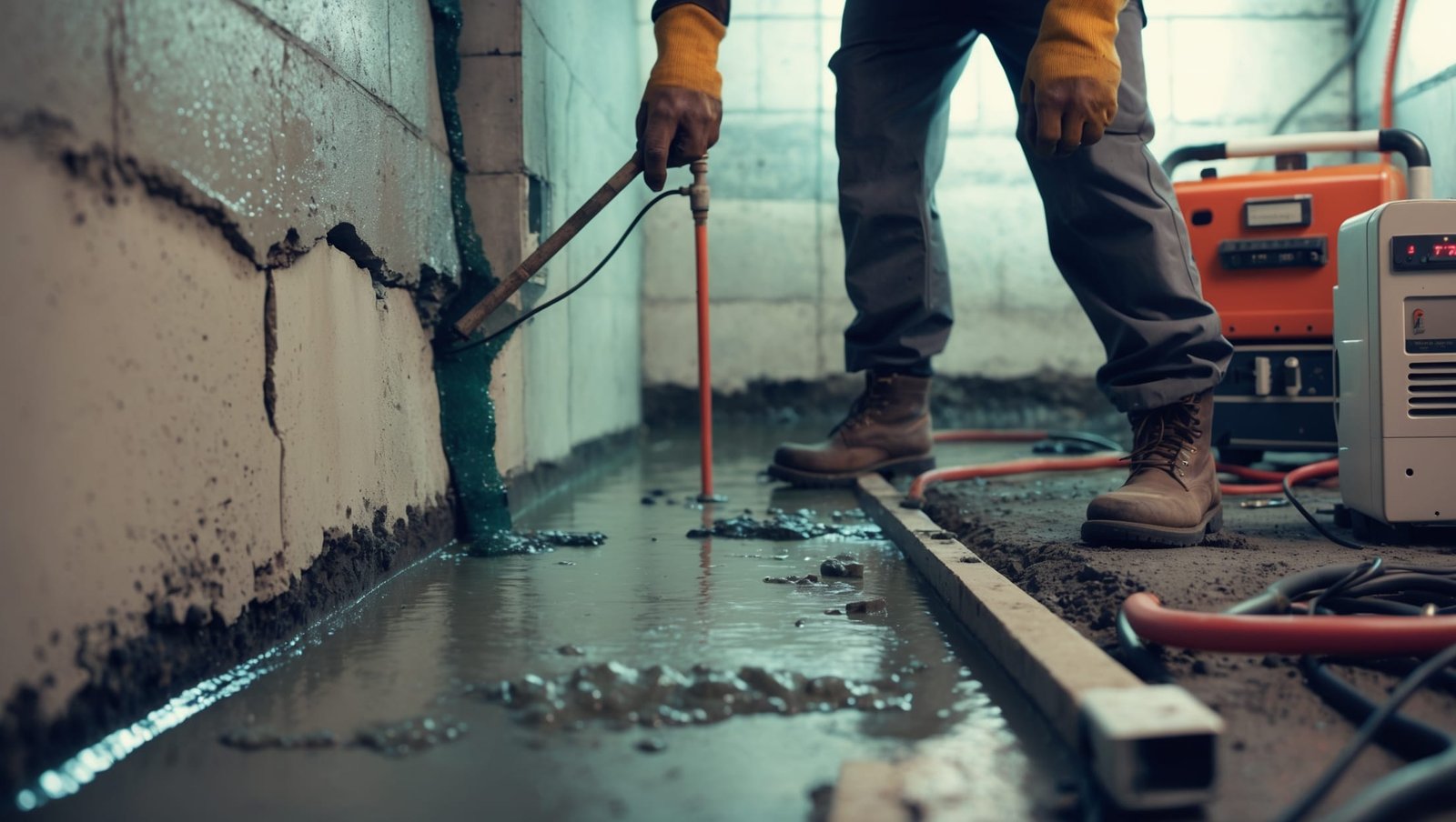 Professional contractor waterproofing a damaged basement wall in Rochester, revealing advanced repair techniques for lasting moisture protection