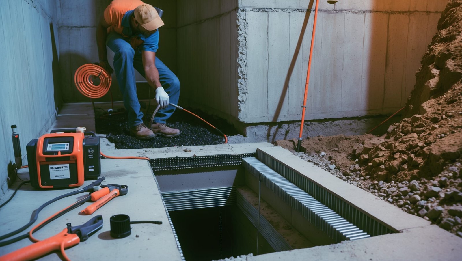 Professional contractor installing exterior basement waterproofing membrane with drainage system to prevent water infiltration in residential foundation