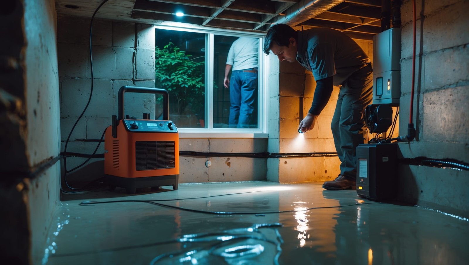 Professional inspecting basement waterproofing system, preventing water damage with maintenance tools and a dry foundation
