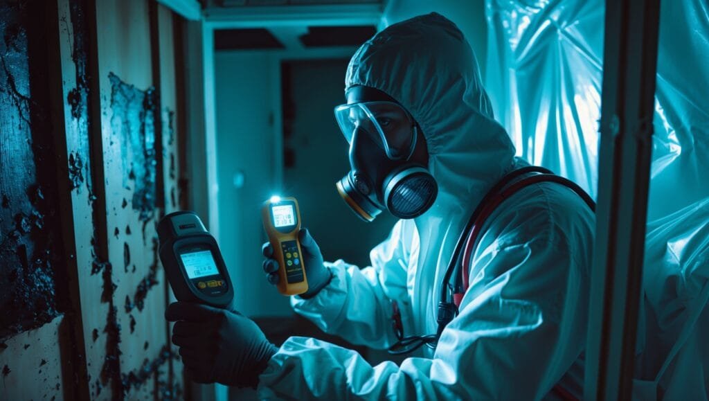 Inspector examining black mold with tools during professional assessment while remediation equipment runs in background #moldremoval #toxicmold