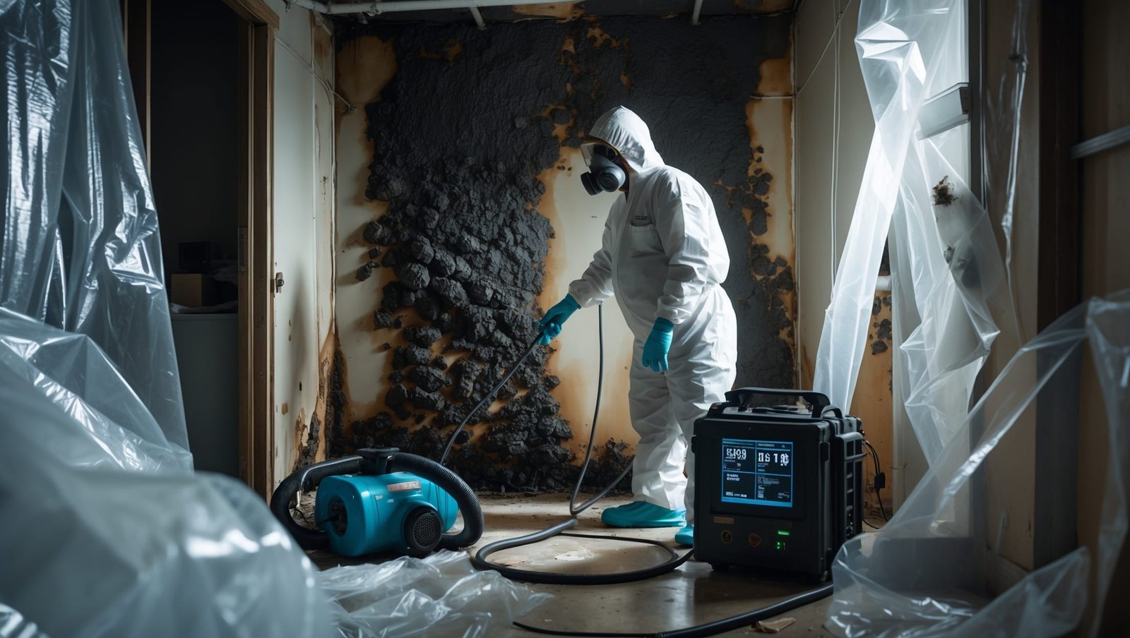 Professional technician in protective gear removing mold from wall, demonstrating thorough mold assessment and remediation process in home environment.