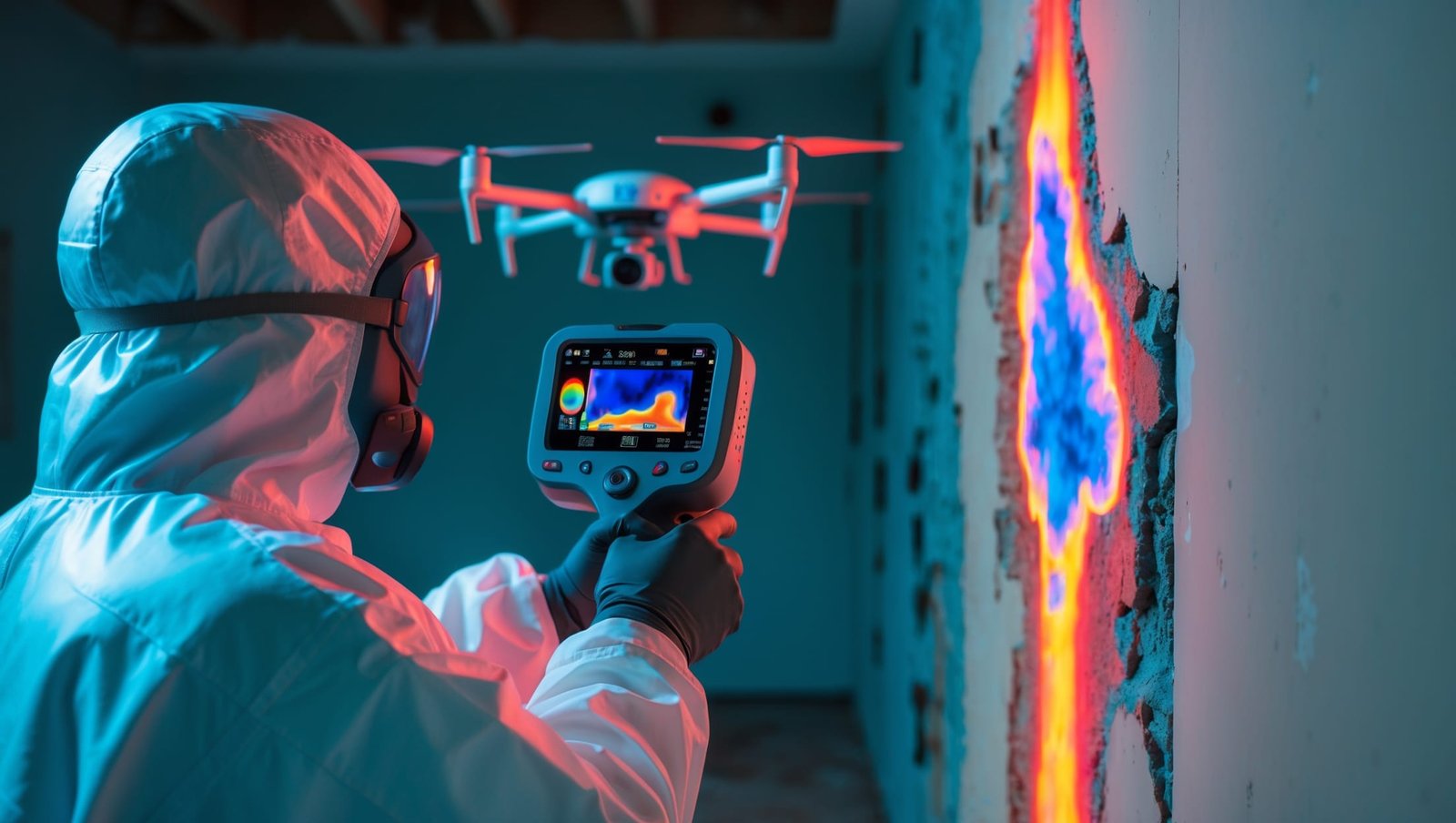 Advanced thermal imaging camera scanning for hidden mold growth during professional mold assessment and remediation inspection of water-damaged wall