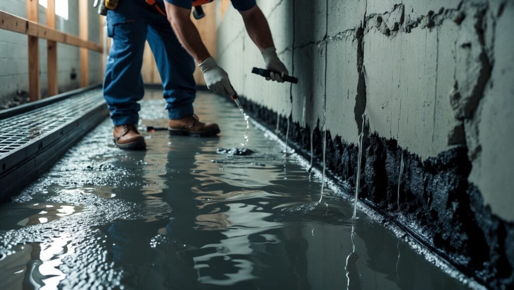 Waterproofing Foundation Repair: Stop Basement Doom Now! Foundation repair specialist applying waterproofing sealant to cracked basement wall, preventing water damage and structural issues.