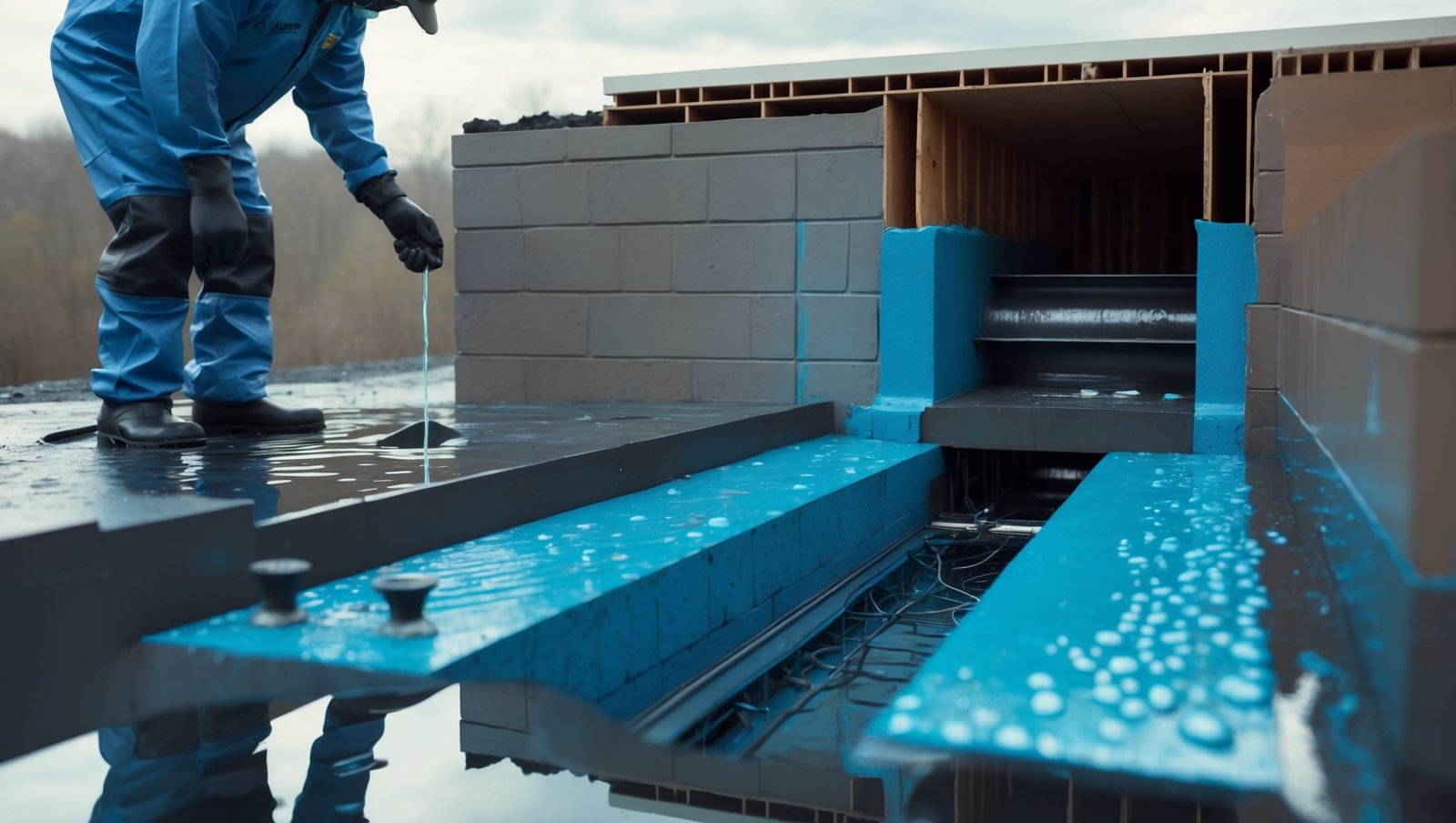 Close-up of advanced waterproofing membrane being applied to a home foundation, protecting against moisture damage and preventing basement leaks.