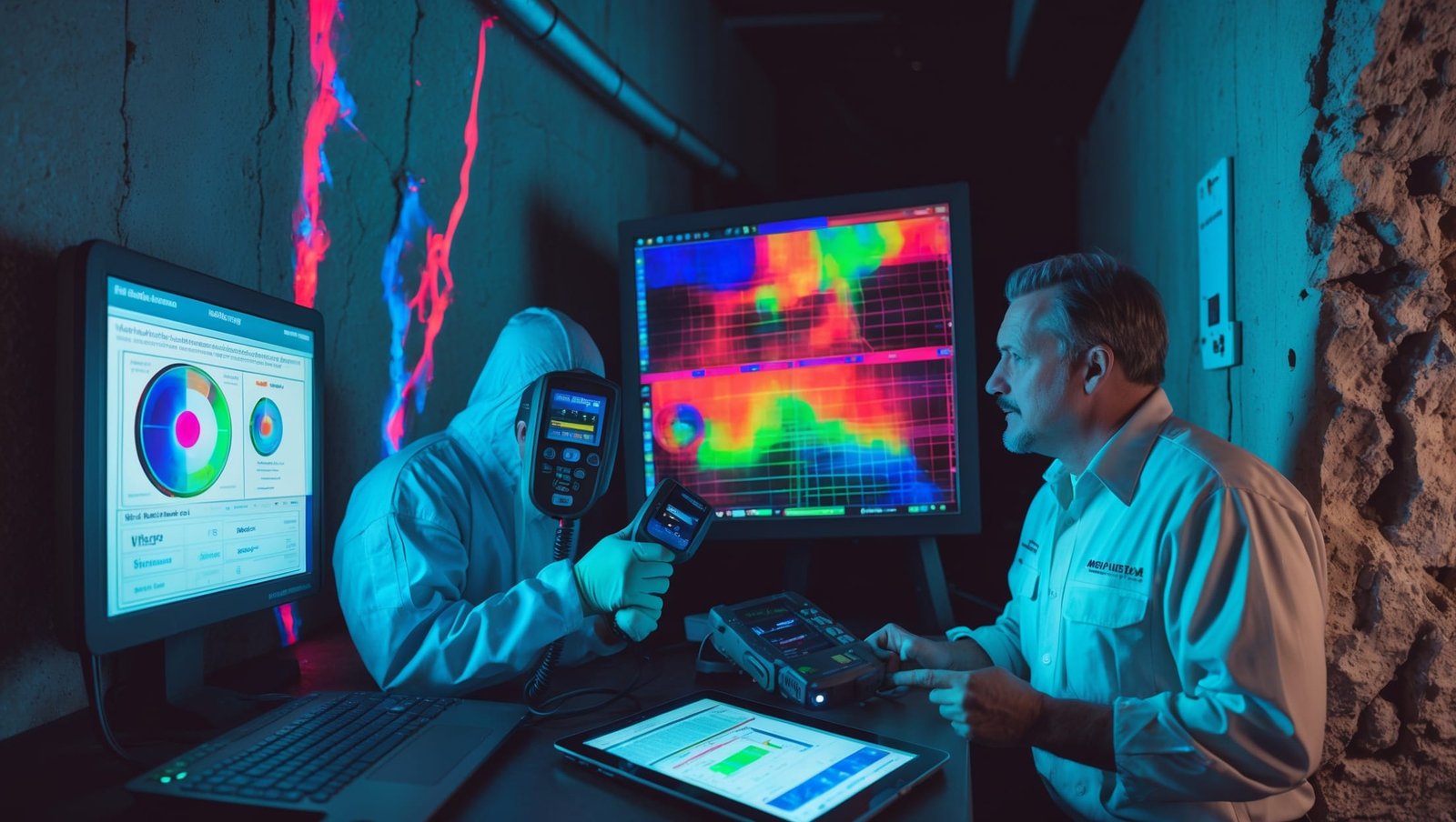 Cutting-edge diagnostic equipment scanning a home's foundation for moisture intrusion, essential for effective waterproofing foundation repair solutions.