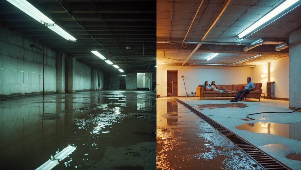 Waterproof basement in NY home showing dry concrete walls and floor after professional waterproofing service, creating a stress-free space.