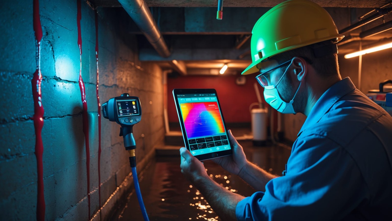 Thermal imaging camera detecting moisture in a New York basement, showcasing advanced waterproofing technology for basement waterproofing NY