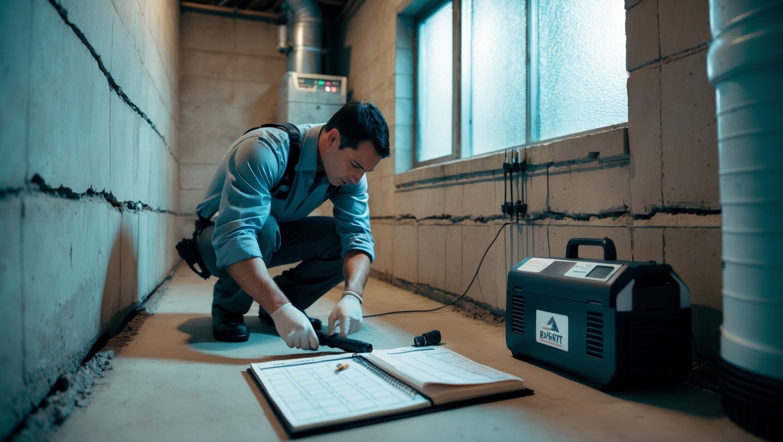 A technician inspecting foundation walls in NY basement, applying waterproofing solutions to prevent future water damage and structural issues.