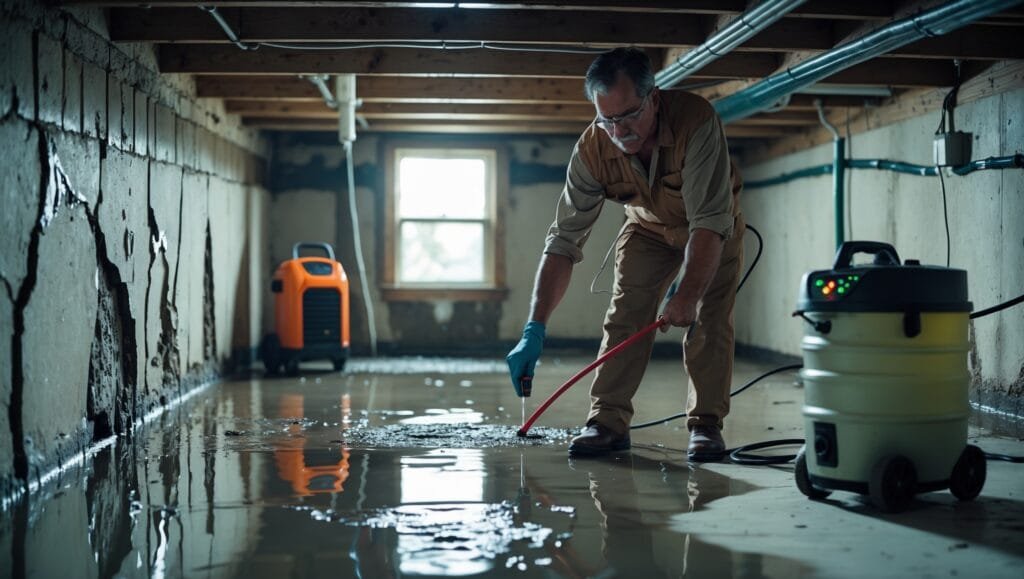 Homeowner using DIY basement waterproofing methods on wet concrete wall, with drainage system installation saving thousands in repair costs
