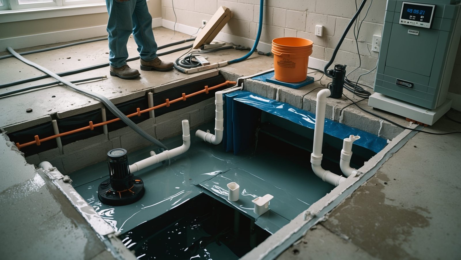 Interior of basement with professional waterproofing system installation, showing drainage channels and sump pump - effective solution for fixing wet basement issues