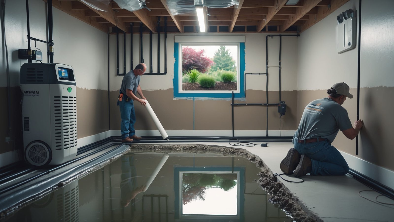 Person installing interior drainage system in basement with waterproof membrane, dehumidifier, and sealed cracks for permanent moisture protection