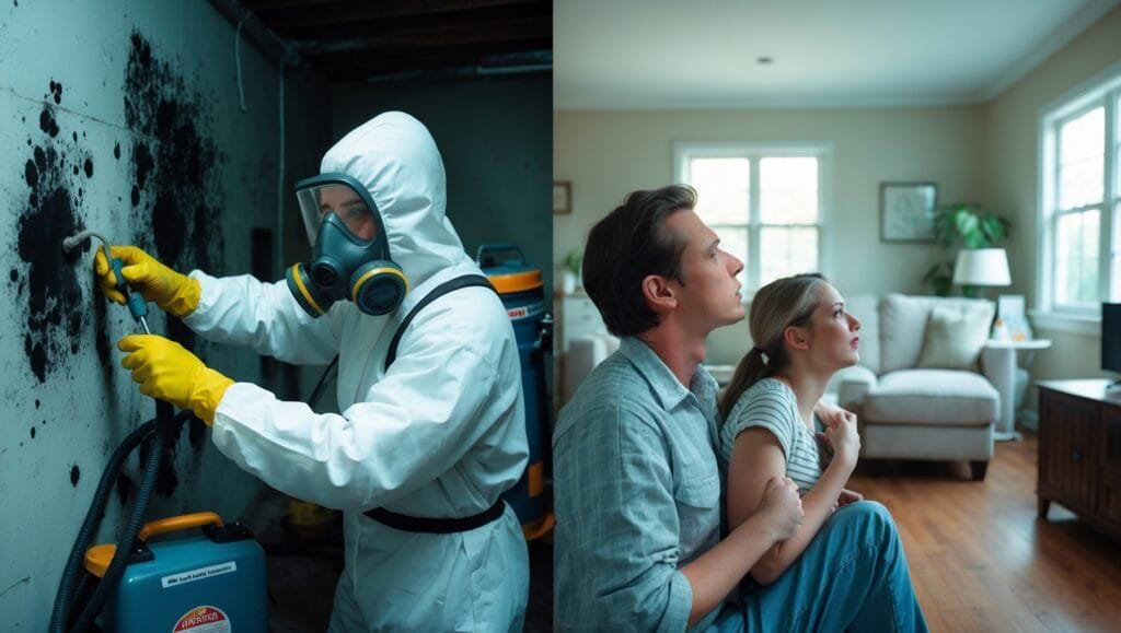 Professional technician removing black mold in Rochester NY home using specialized equipment, providing safe and effective mold remediation services.