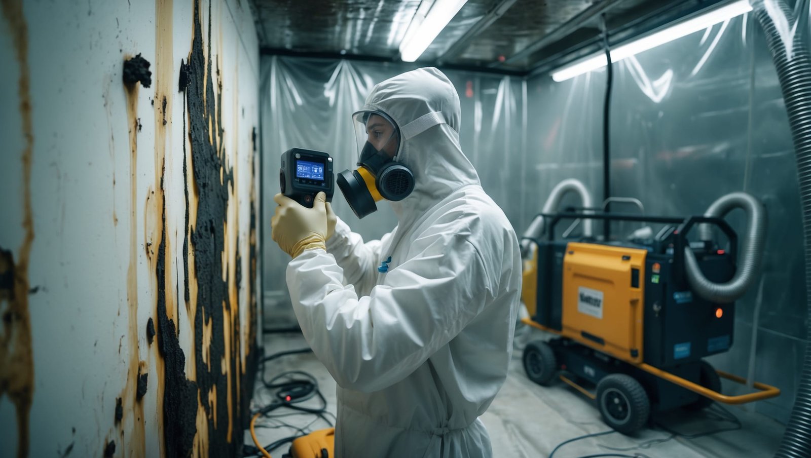 Certified technician in protective gear removing toxic black mold from water damaged wall in Rochester NY home during professional remediation