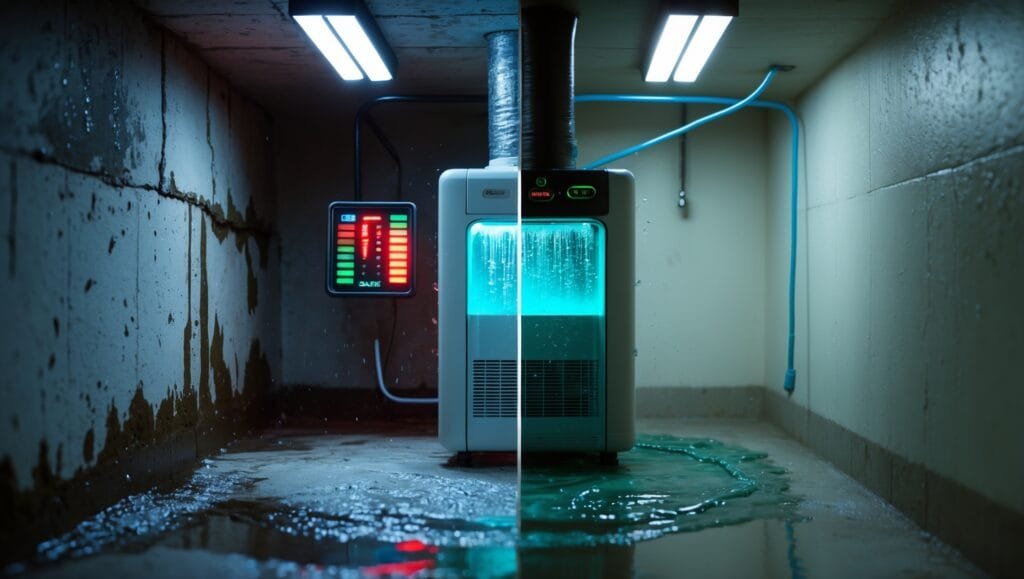 Powerful basement dehumidifier system eliminating moisture and preventing mold growth in a damp underground space