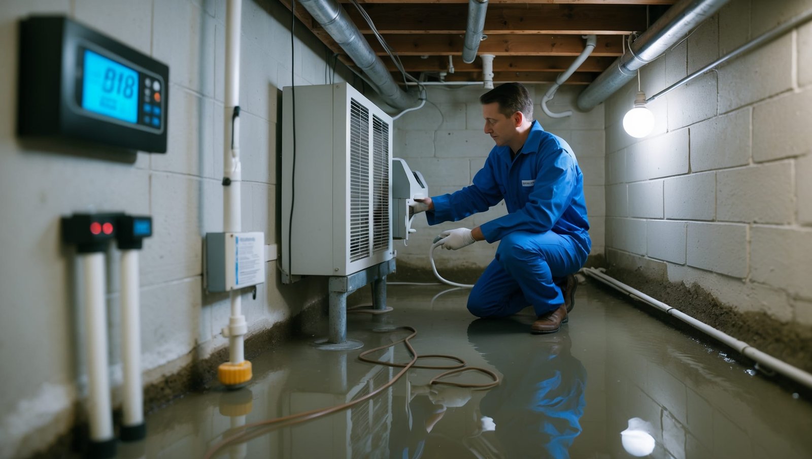 A professional-grade basement dehumidifier system with clean filters and drainage tube, preventing mold in a well-maintained underground space.
