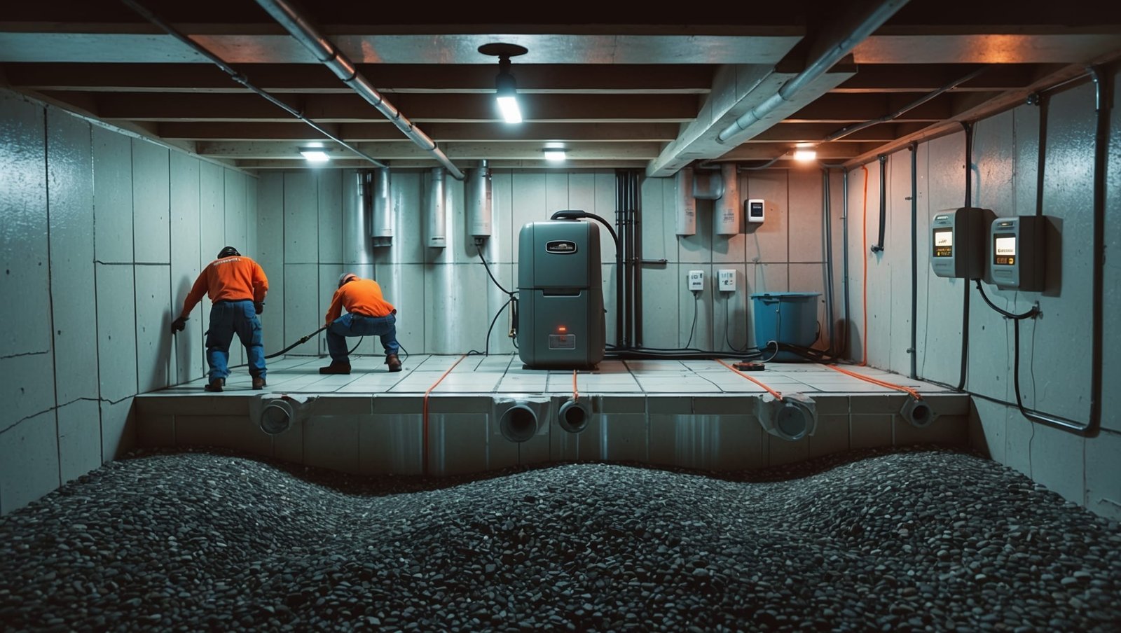 Comprehensive basement dehumidifier system with vapor barriers, sump pump, and drainage solutions working together for complete moisture control