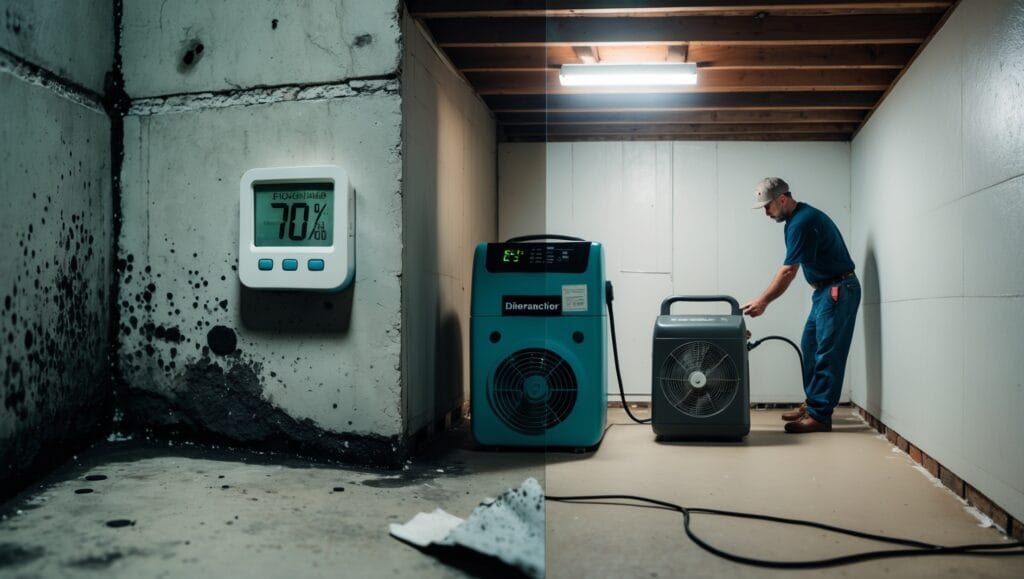 Digital hygrometer showing 70% basement humidity level next to dehumidifier, mold growth, and ventilation fan - effective moisture control solutions