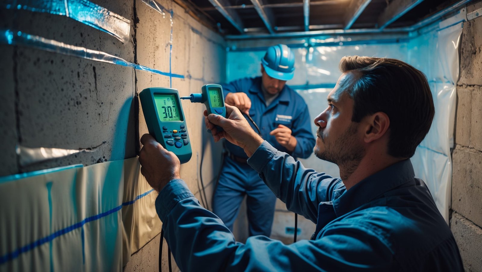 Indoor professional using specialized equipment to measure basement humidity levels while installing a vapor barrier system.