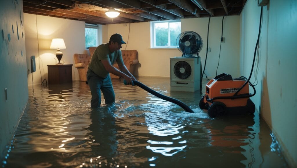 Flooded basement with standing water, while homeowner uses shop vac and raises furniture on blocks - emergency water damage solutions