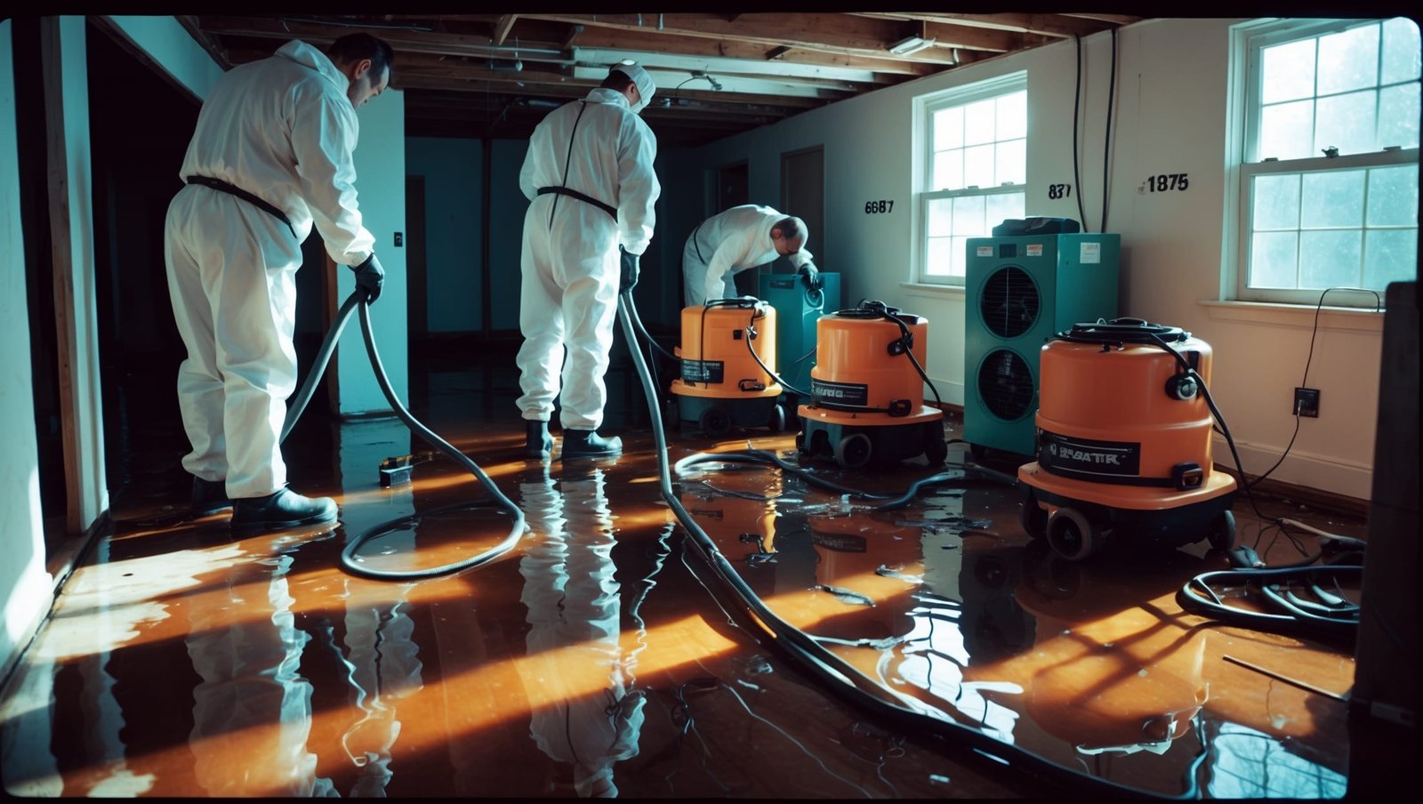 Flooded basement with severe water damage showing professional restoration crew using industrial equipment to extract water and dry affected areas
