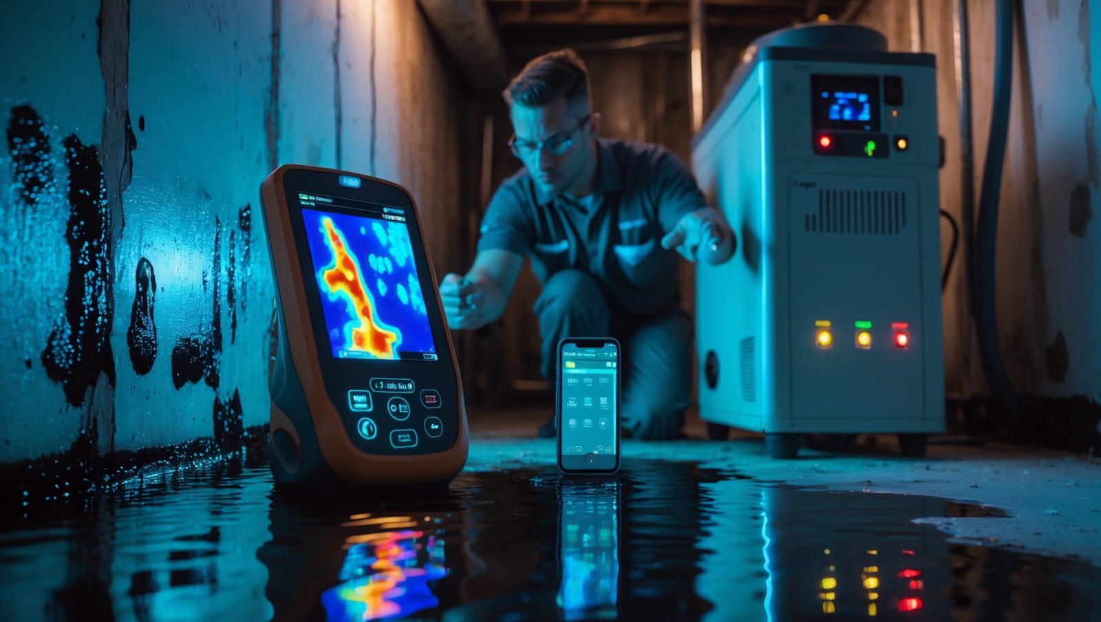 Water-damaged basement with advanced moisture detection equipment scanning walls, preventing severe flood damage and mold growth
