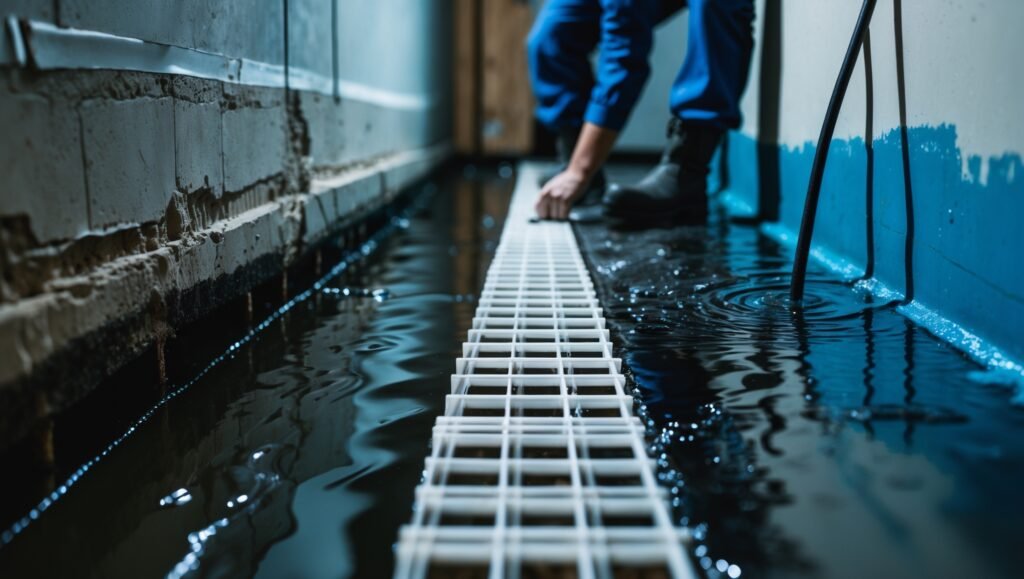 Interior foundation waterproofing system with sump pump and drain tile being installed to prevent basement flooding and water damage