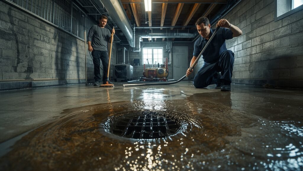Flooded basement with water pooling around clogged floor drain backup in basement, showing urgent need for plumbing repair services.