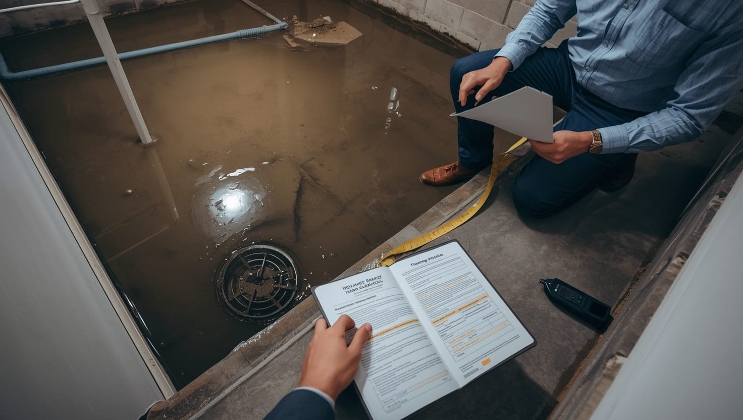 Water-damaged basement floor with visible floor drain backup, showing insurance adjuster examining coverage details for water damage claim