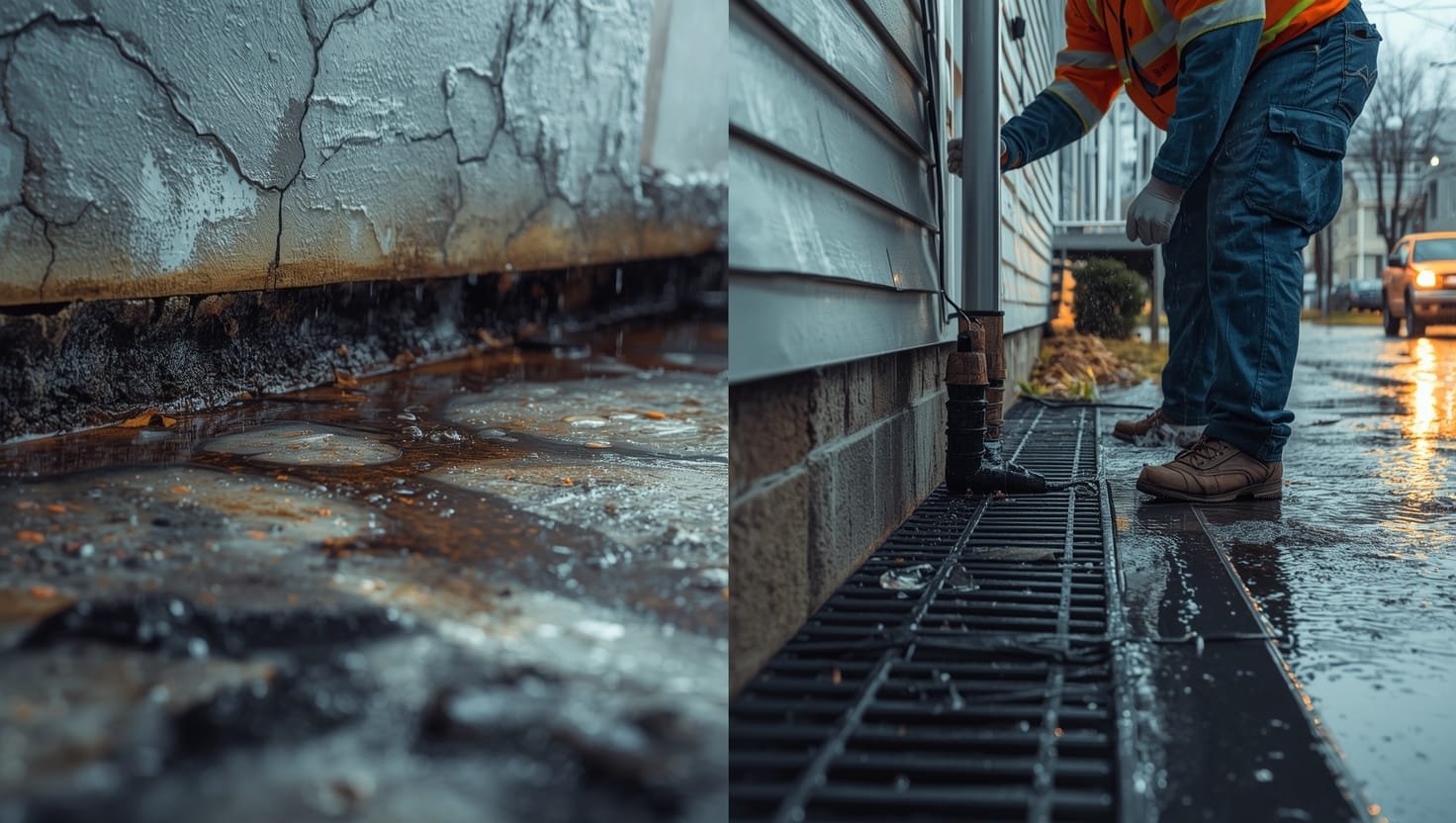 professional foundation waterproofing services: Contractor applying waterproof membrane to home foundation, preventing basement flooding with professional foundation waterproofing services