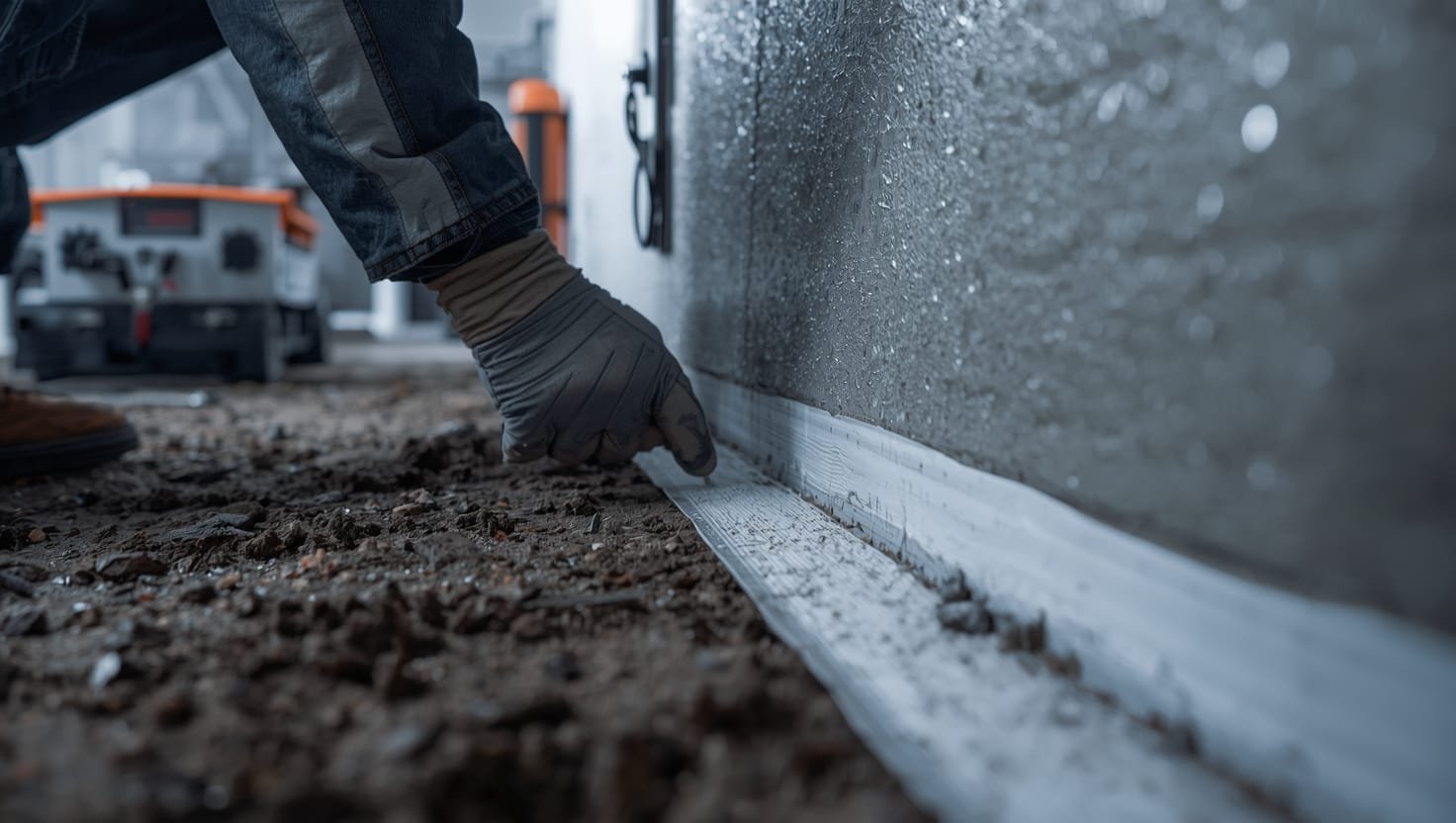 Professional foundation waterproofing technician applying advanced polymer-based membrane system to protect basement walls from moisture damage.