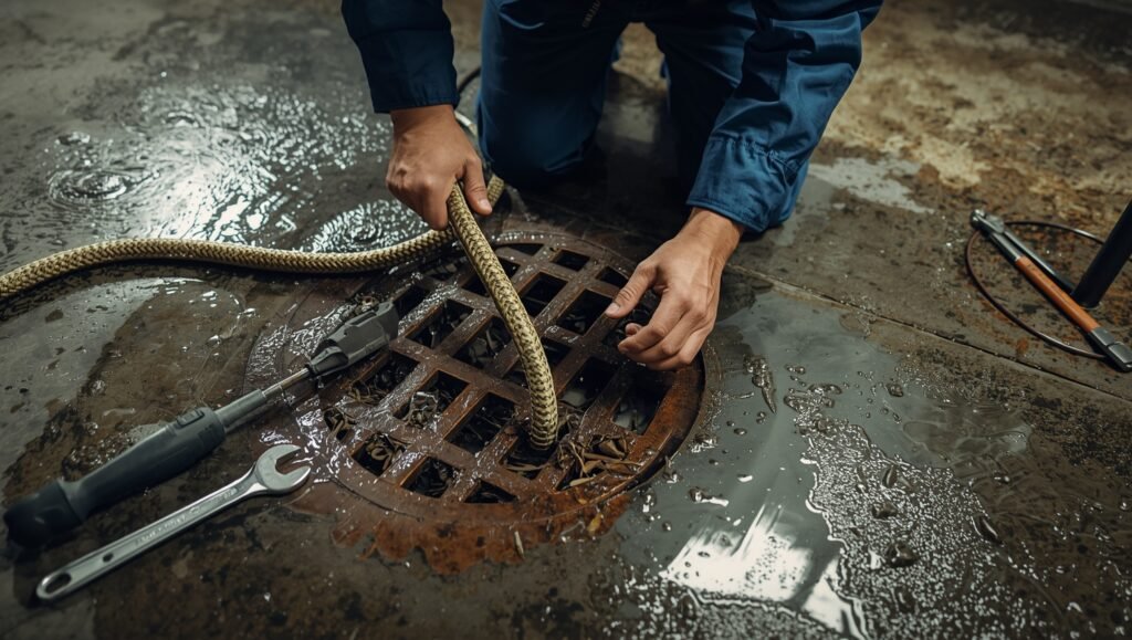 Clogged basement floor drain being repaired with plumbing tools to prevent water backup and flooding damage
