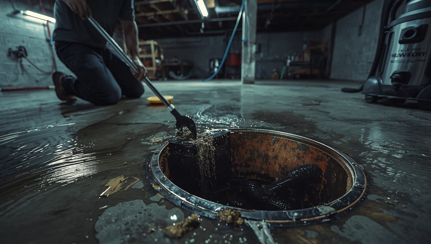 A clogged basement floor drain with standing water and tools nearby, showing common drainage failure requiring immediate repair