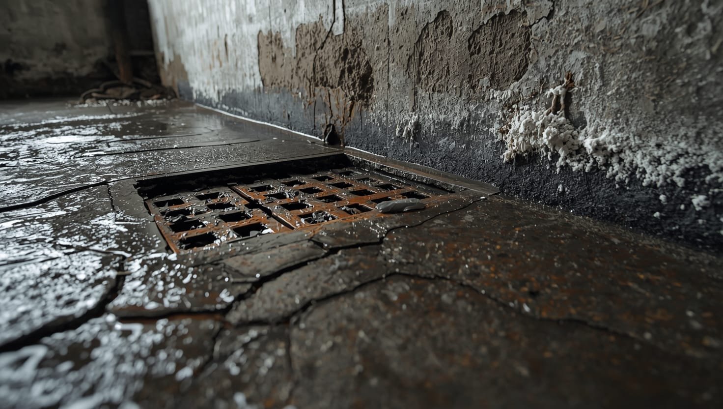 Clogged basement floor drain with water pooling around foundation, showing hidden damage and potential structural issues in home