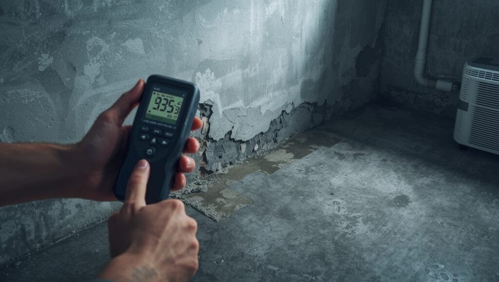 Person using digital hygrometer to measure humidity in basement, checking moisture levels for mold prevention