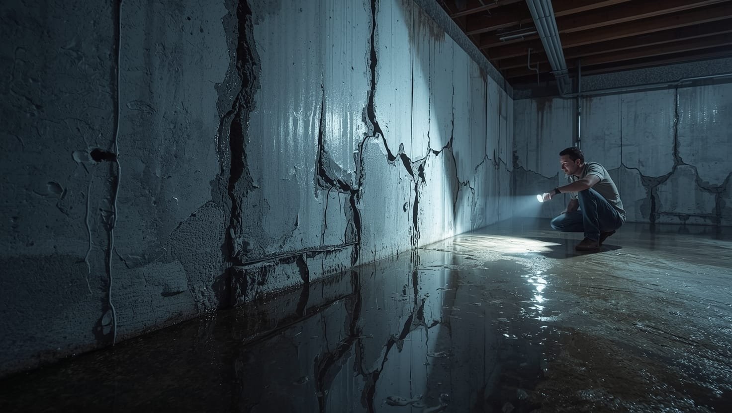 Water leaking into basement after heavy rain through foundation cracks causing flooding and moisture damage to home