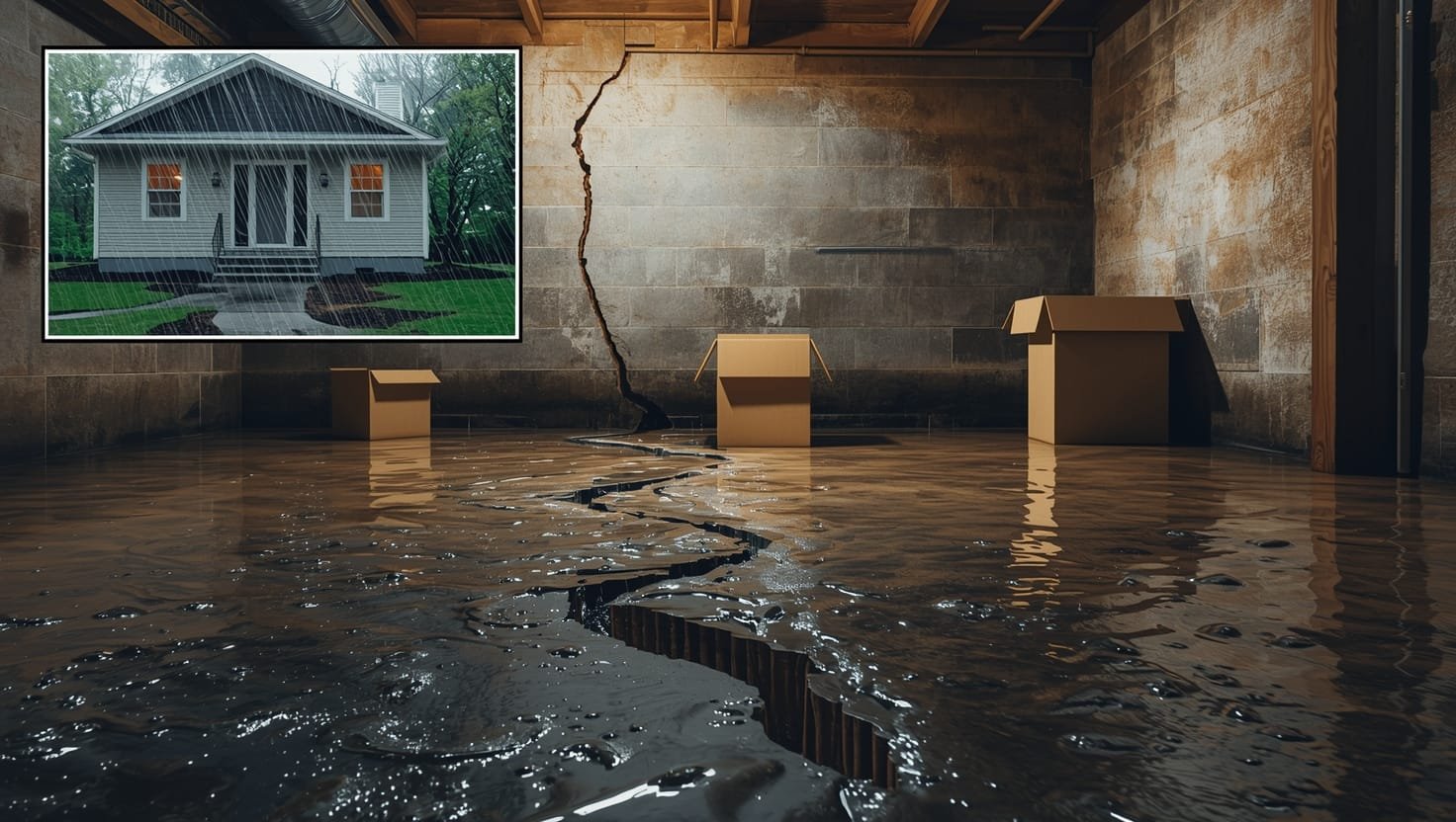 Water leaking into basement after heavy rain through foundation cracks causing flooding and potential structural damage