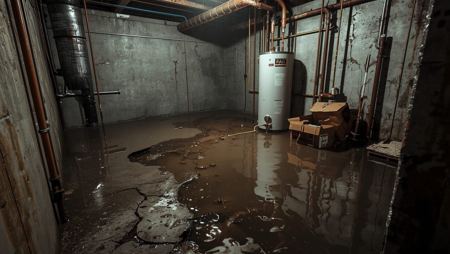 Water leaking into basement after heavy rain causing flooding damage, pooled water on concrete floor with wet walls