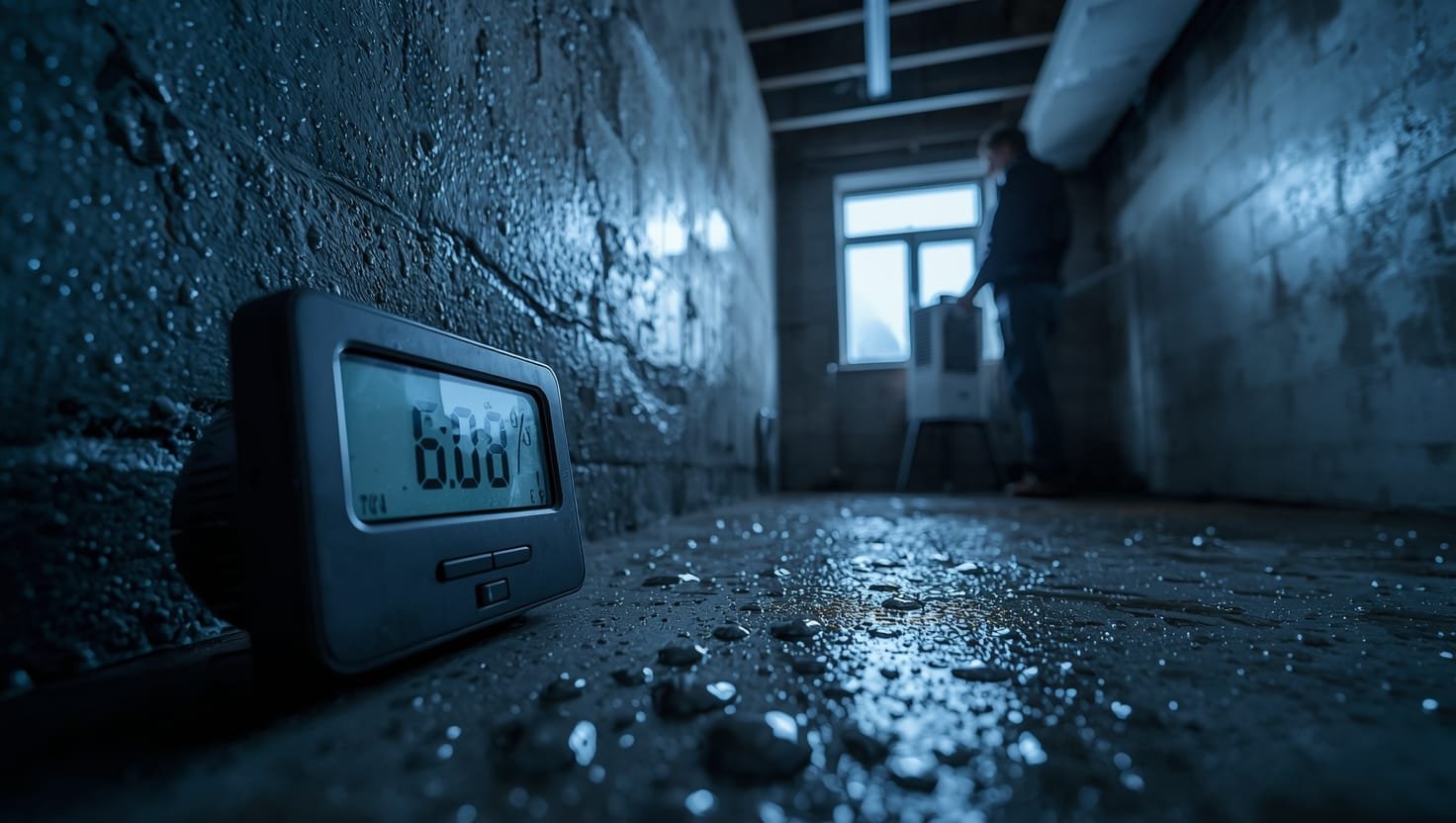 how to measure humidity in basement: Person using digital hygrometer to measure humidity levels in damp basement with moisture on walls and condensation visible