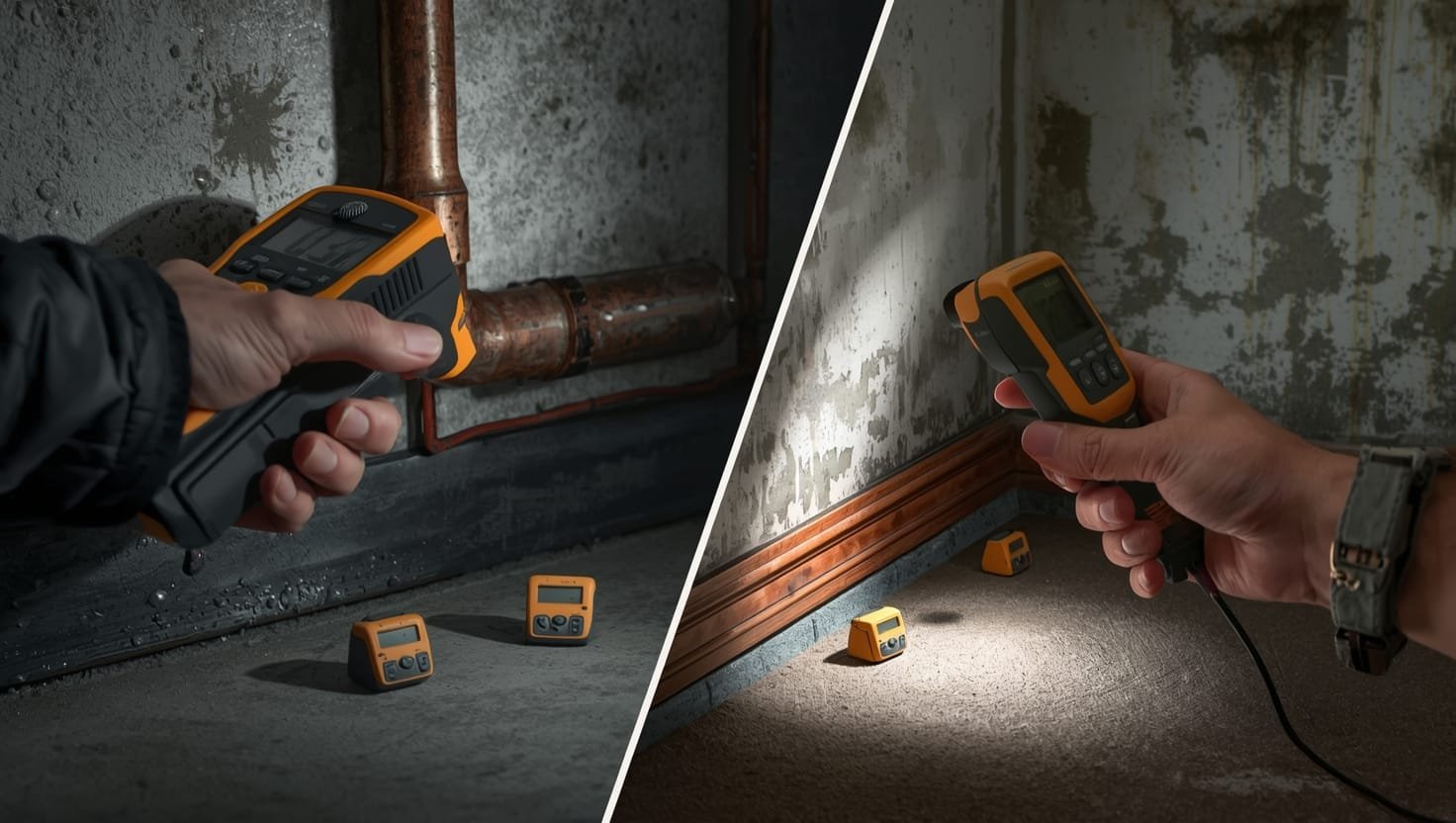 how to measure humidity in basement: Homeowner checking digital hygrometer and moisture meter on basement wall to accurately measure humidity levels and prevent mold