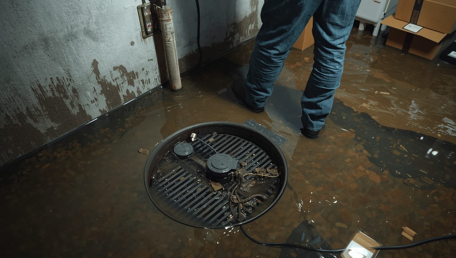 Sump pump flooded basement with standing water and failed drainage system showing common causes of basement flooding