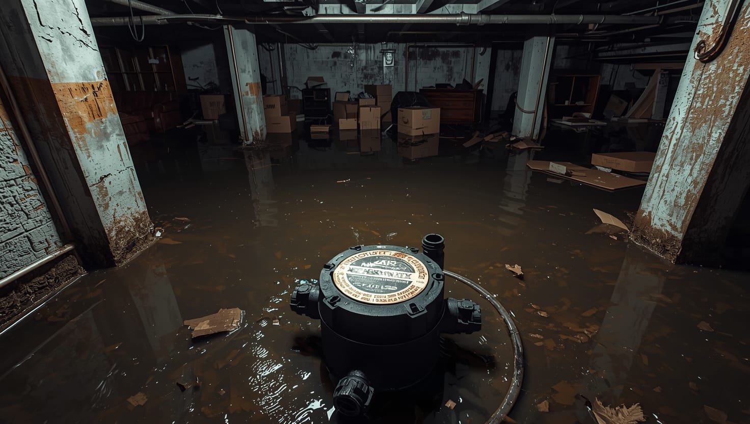sump pump Flooded basement with water damage after sump pump failure showing standing water and ruined belongings from pump warranty expiration